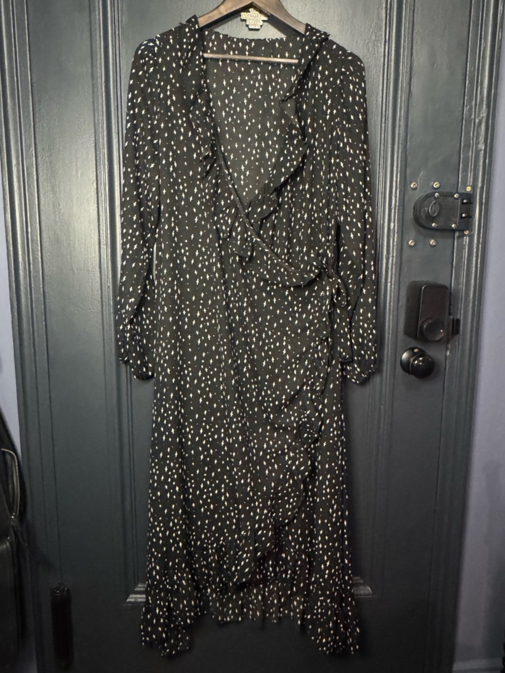 Disturbia Black Midi Wrap Dress with White Star Print (Carmen Midi Dress)